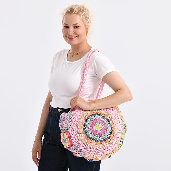 Pink Woven Bohemian Circle Pattern Paper Straw Tote Bag
