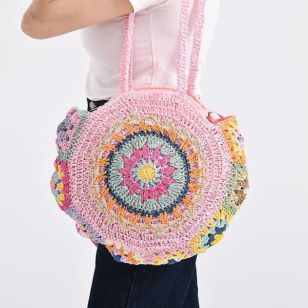 Pink Woven Bohemian Circle Pattern Paper Straw Tote Bag