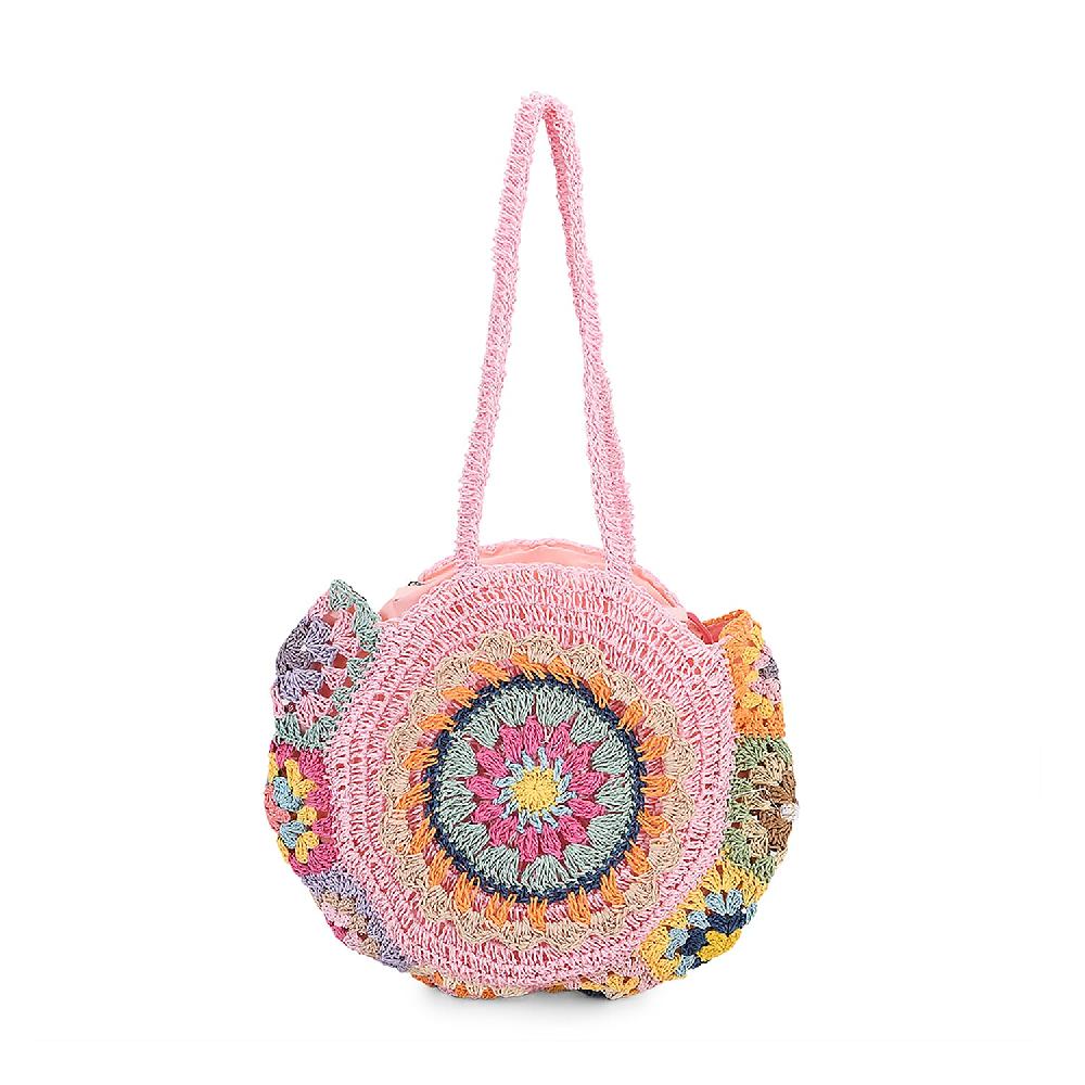 Pink Woven Bohemian Circle Pattern Paper Straw Tote Bag