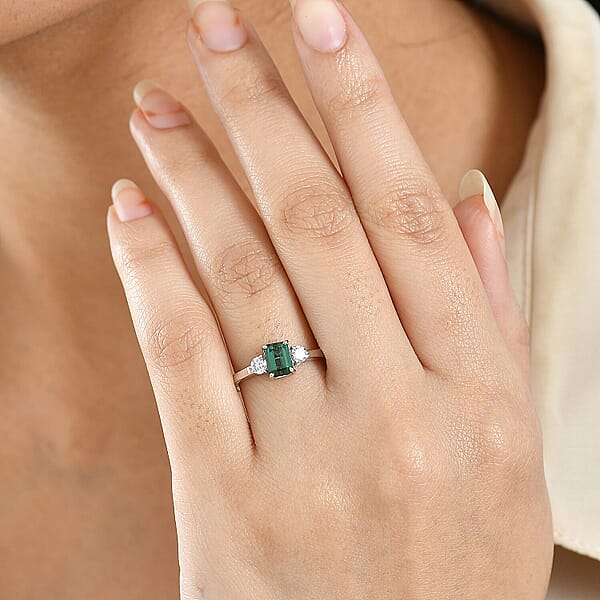 Pirineu Lagoon Tourmaline Lab Grown Diamond Ring In Rhodium Over Sterling Silver 1.00 Ctw