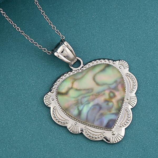 Plain Inlay Frame Heart Hand Cut Sea Opal 32.00 Ctw Pendant In Silvertone With Stainless Steel Necklace 20 Inches