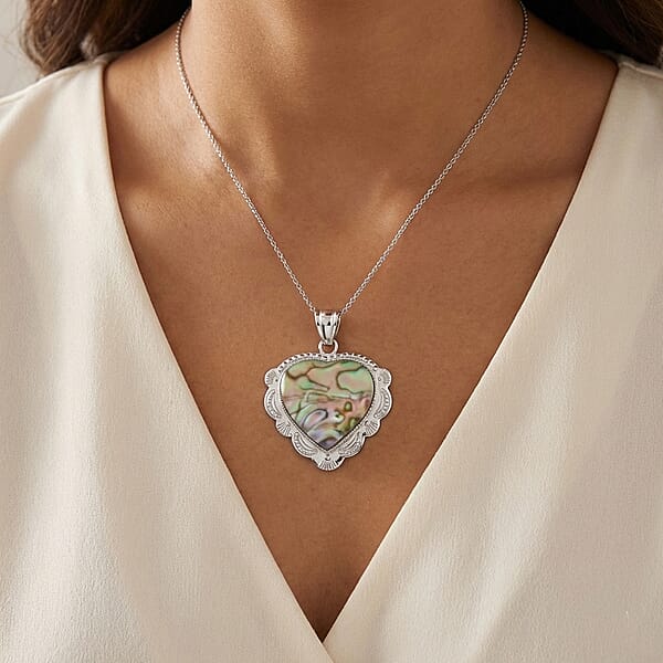Plain Inlay Frame Heart Hand Cut Sea Opal 32.00 Ctw Pendant In Silvertone With Stainless Steel Necklace 20 Inches
