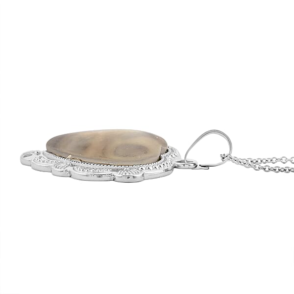 Plain Inlay Frame Heart Hand Cut Sea Opal 32.00 Ctw Pendant In Silvertone With Stainless Steel Necklace 20 Inches