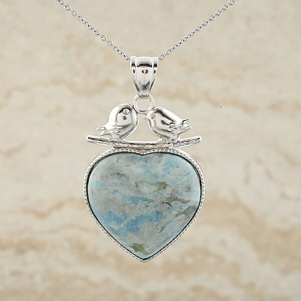 Plain Love-Bird Heart Turquoise Jasper 51.00 Ctw Pendant In Silvertone With Stainless Steel Necklace (20 Inches)
