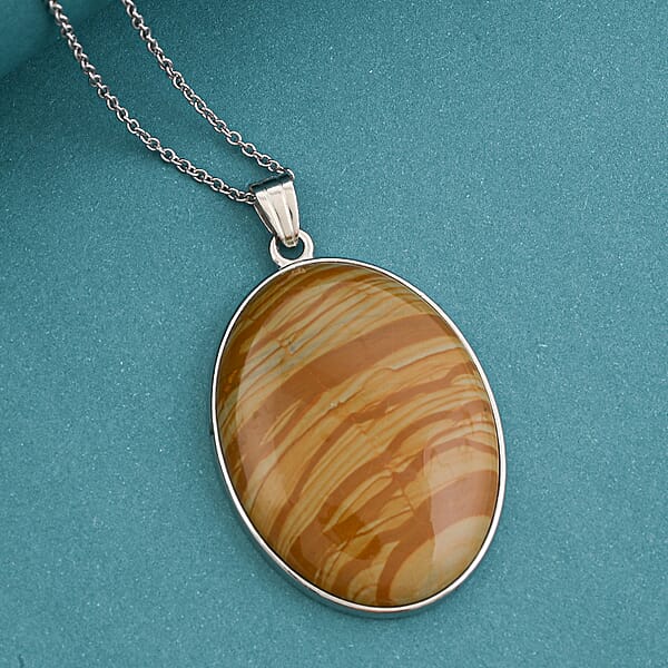 Plain Oval Scenic Jasper 58.00 Ctw Inlay Frame Pendant Necklace In Stainless Steel 20 Inches