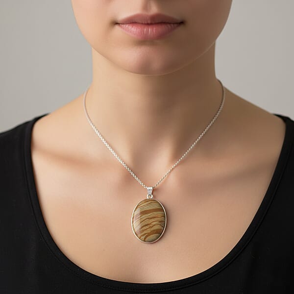 Plain Oval Scenic Jasper 58.00 Ctw Inlay Frame Pendant Necklace In Stainless Steel 20 Inches