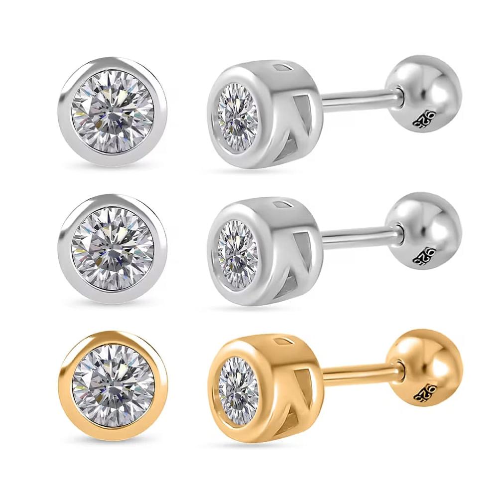 Poke Free Set of 3 Moissanite Stud Earrings in Vermeil YG and Rhodium Over Sterling Silver 1.50 ctw (Del. In 10-12 Days)