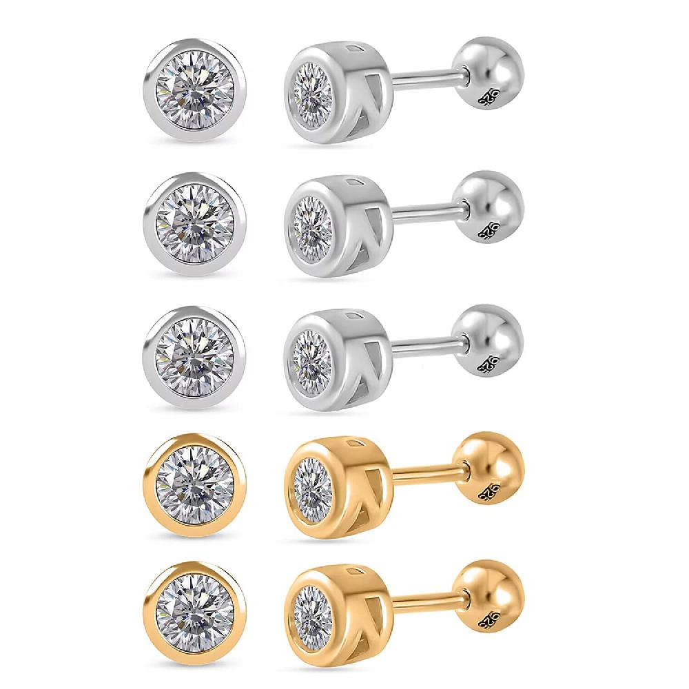 Poke Free Set of 5 Moissanite Stud Earrings in Rhodium Over and Vermeil YG Over Sterling Silver 2.50 ctw (Del. In 10-12 Days)