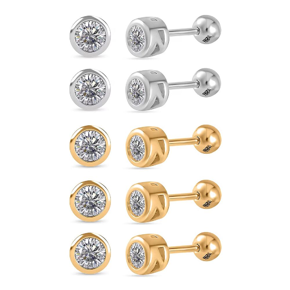 Poke Free Set of 5 Moissanite Stud Earrings in Vermeil YG and Rhodium Over Sterling Silver 2.50 ctw (Del. In 10-12 Days)
