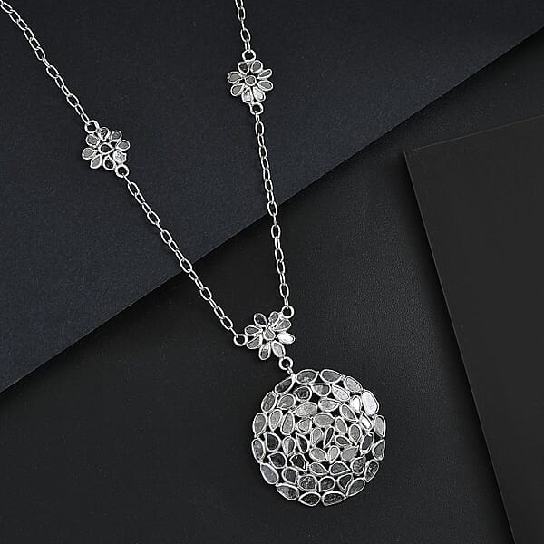 Polki Diamond 3.00 Ctw Royal Medallion Necklace In Rhodium Over Sterling Silver 20 Inches