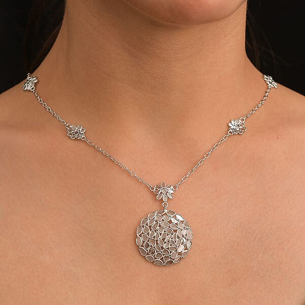 Polki Diamond 3.00 Ctw Royal Medallion Necklace In Rhodium Over Sterling Silver 20 Inches