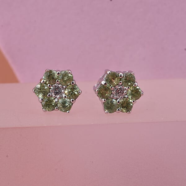 Premium Ambanja Demantoid Garnet And Luxuriant Lab Grown Diamond G-H SI 1.00 Ctw Natures Bloom Studs Earrings In Rhodium Over Sterling Silver
