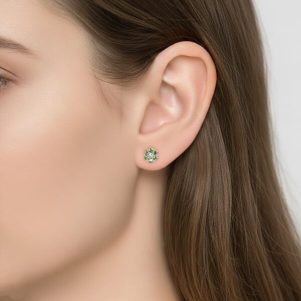 Premium Ambanja Demantoid Garnet And Luxuriant Lab Grown Diamond G-H SI 1.00 Ctw Natures Bloom Studs Earrings In Rhodium Over Sterling Silver