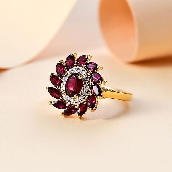 Premium Anthill Garnet And Moissanite 2.00 Ctw Blossom Halo Ring In 18K Vermeil Yellow Gold Over Sterling Silver