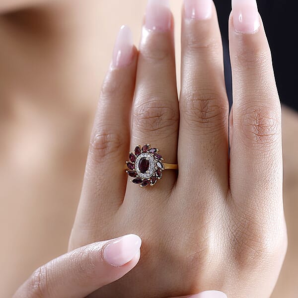 Premium Anthill Garnet And Moissanite 2.00 Ctw Blossom Halo Ring In 18K Vermeil Yellow Gold Over Sterling Silver
