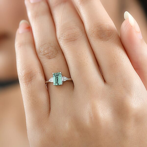 Premium Arquiana Mint Tourmaline Luxuriant Lab Grown Diamond (G-H SI) Blush Majesty Ring In Rhodium Over Sterling Silver 1.20 Ctw