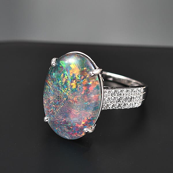Premium Australian Black Ridge Opal Triplet And G-H SI Luxuriant Lab Grown Diamond 6.67 Ctw Ring In 10K White Gold