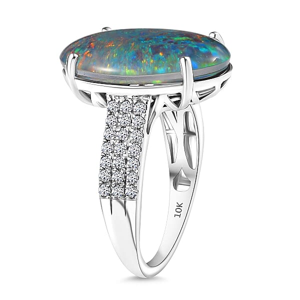 Premium Australian Black Ridge Opal Triplet And G-H SI Luxuriant Lab Grown Diamond 6.67 Ctw Ring In 10K White Gold
