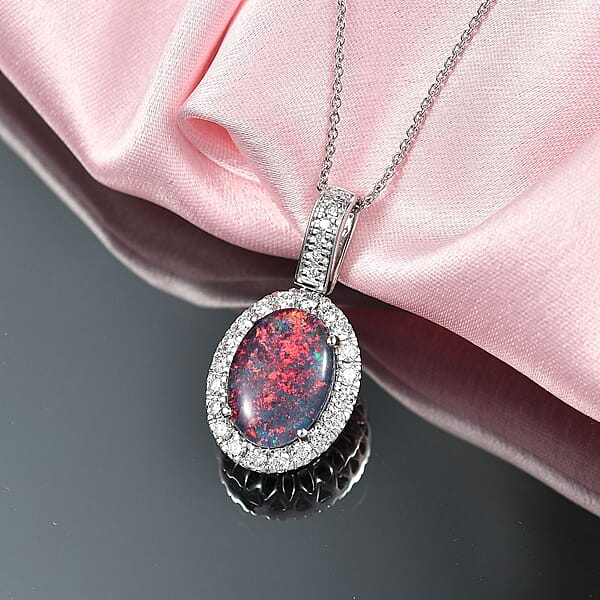 Premium Australian Black Ridge Opal Triplet And G-H SI Luxuriant Lab Grown Diamond 4.22 Ctw Halo Pendant Necklace In 10K White Gold 20 Inches