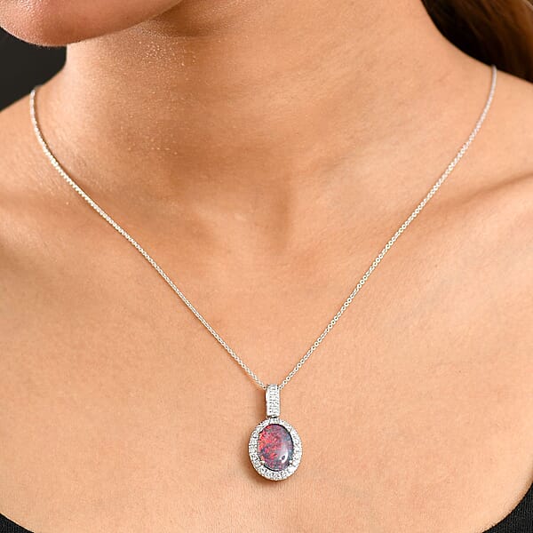 Premium Australian Black Ridge Opal Triplet And G-H SI Luxuriant Lab Grown Diamond 4.22 Ctw Halo Pendant Necklace In 10K White Gold 20 Inches