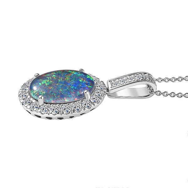 Premium Australian Black Ridge Opal Triplet And G-H SI Luxuriant Lab Grown Diamond 4.22 Ctw Halo Pendant Necklace In 10K White Gold 20 Inches