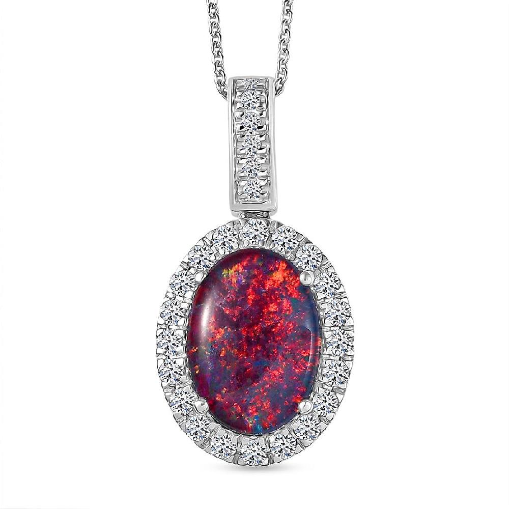 Premium Australian Black Ridge Opal Triplet and G-H SI Luxuriant Lab Grown Diamond 4.22 ctw Halo Pendant Necklace in 10K White Gold 20 Inches