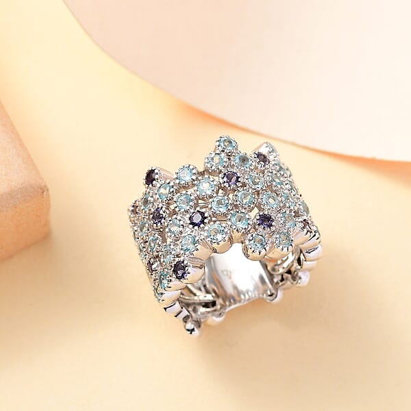 Premium Betroka Blue Apatite And Catalina Iolite 2.00 Ctw Starry Mosaic Ring In Rhodium Over Sterling Silver