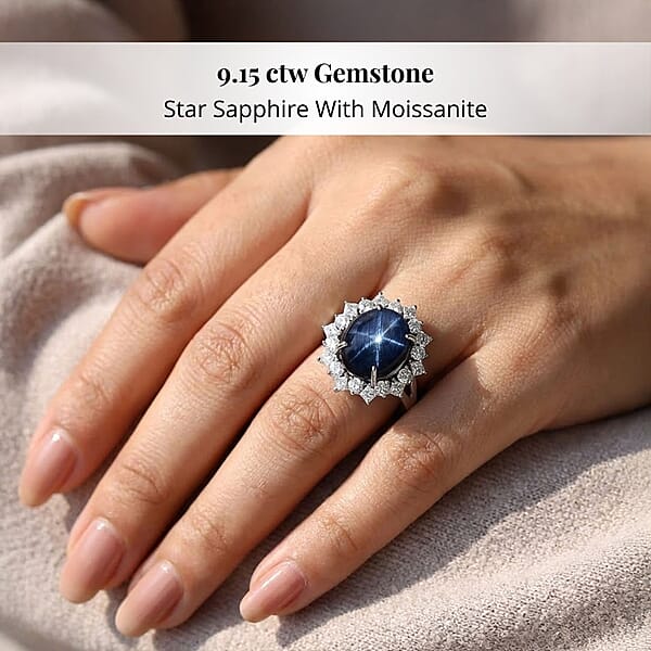 Premium Blue Star Sapphire (DF) 10.0) And Moissanite 9.15 Ctw Starborn Majesty Ring In 10K White Gold