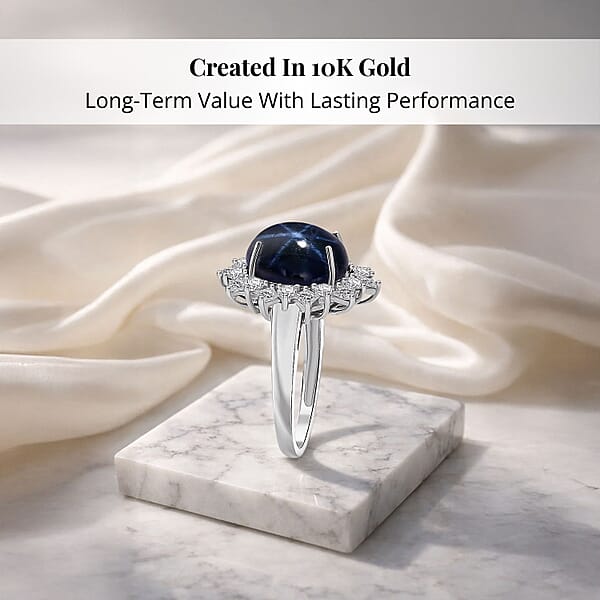 Premium Blue Star Sapphire (DF) 10.0) And Moissanite 9.15 Ctw Starborn Majesty Ring In 10K White Gold