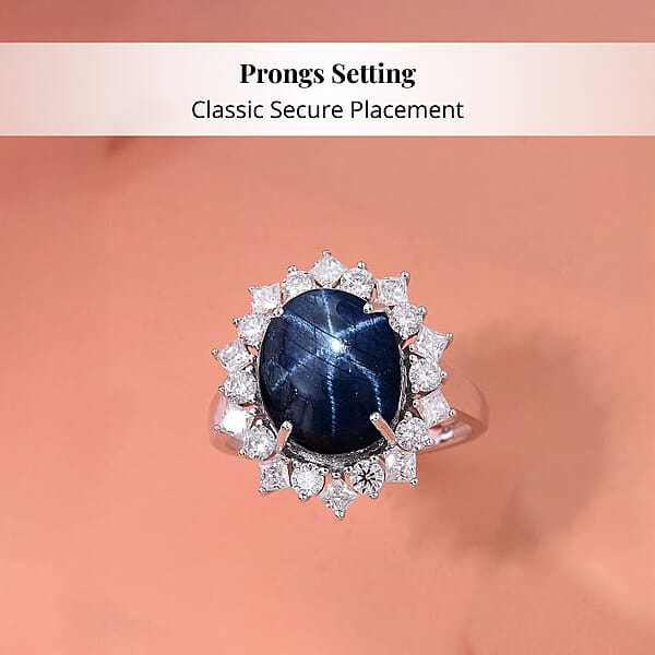 Premium Blue Star Sapphire (DF) 10.0) And Moissanite 9.15 Ctw Starborn Majesty Ring In 10K White Gold