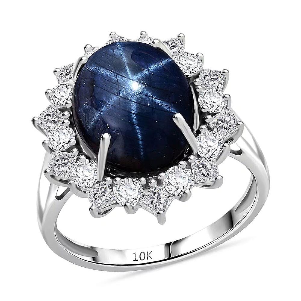 Premium Blue Star Sapphire (DF) 10.0) and Moissanite 9.15 ctw Starborn Majesty Ring in 10K White Gold