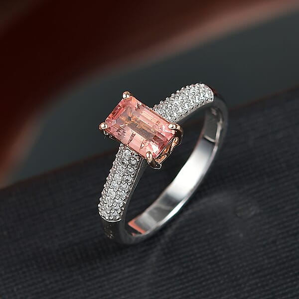 Premium Blush Tourmaline And E-F VS Luxuriant Lab Grown Diamond 2.00 Ctw Crownlight Ring In 10K White And Rose Gold