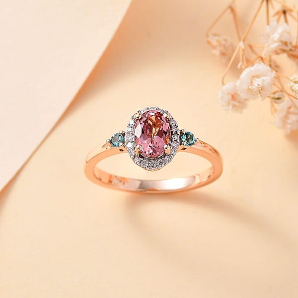 Premium Blush Tourmaline And Lagoon Tourmaline G-H I2 Diamond 1.00 Ctw Ring In 10K Rose Gold
