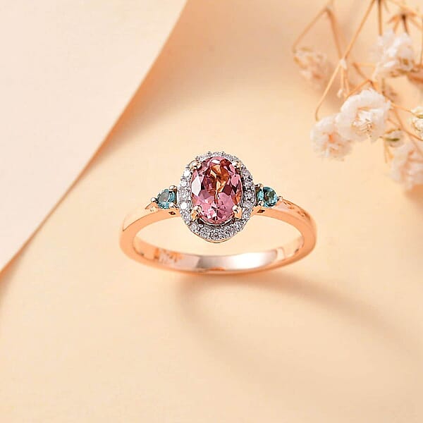 Premium Blush Tourmaline And Lagoon Tourmaline G-H I2 Diamond 1.00 Ctw Ring In 10K Rose Gold