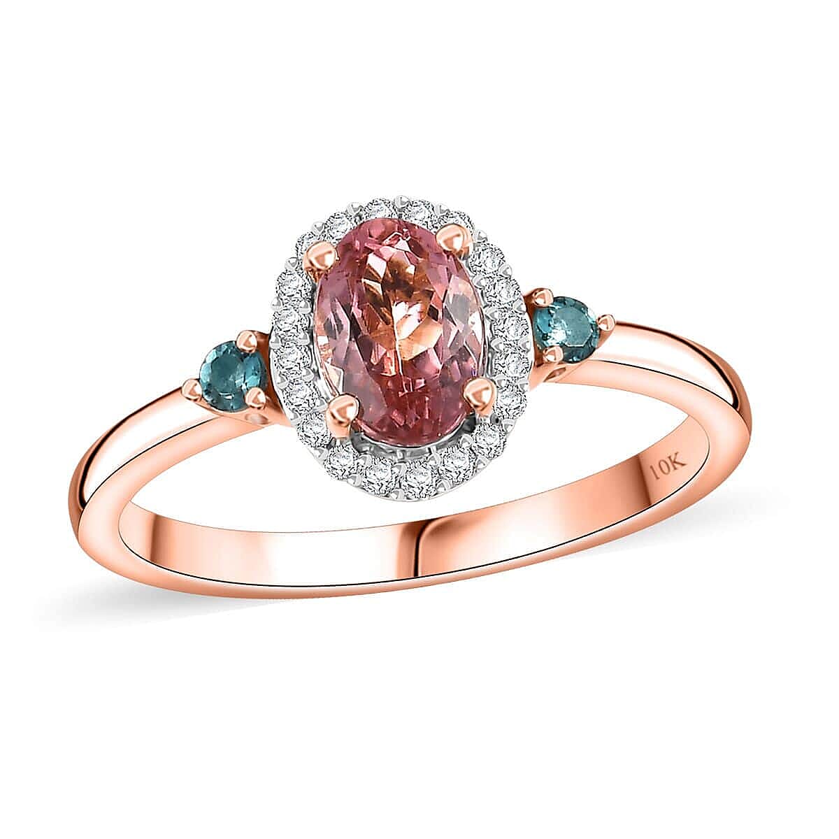 Premium Blush Tourmaline and Lagoon Tourmaline G-H I2 Diamond 1.00 ctw Ring in 10K Rose Gold