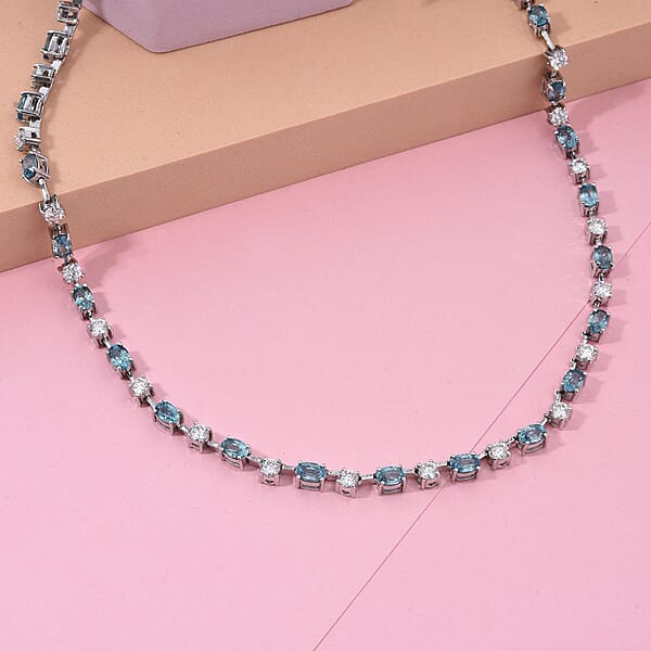Premium Cambodian Blue Zircon And Moissanite 29.70 Ctw Necklace In Rhodium Over Sterling Silver 18 Inches