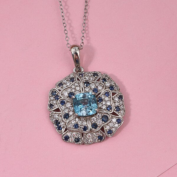 Premium Cambodian Blue Zircon And Multi Gemstone 4.15 Ctw Floral Pendant Necklace In Rhodium Over Sterling Silver 20 Inches