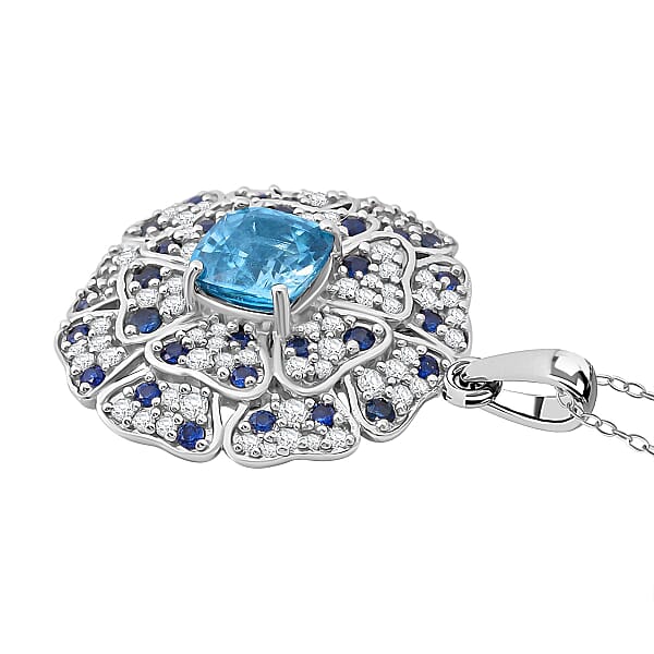 Premium Cambodian Blue Zircon And Multi Gemstone 4.15 Ctw Floral Pendant Necklace In Rhodium Over Sterling Silver 20 Inches