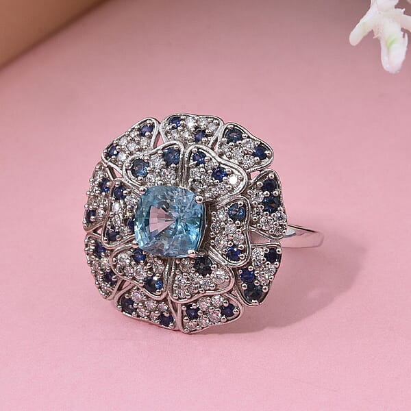 Premium Cambodian Blue Zircon And Multi Gemstone 4.10 Ctw Ring In Rhodium Over Sterling Silver