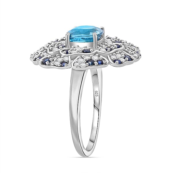 Premium Cambodian Blue Zircon And Multi Gemstone 4.10 Ctw Ring In Rhodium Over Sterling Silver
