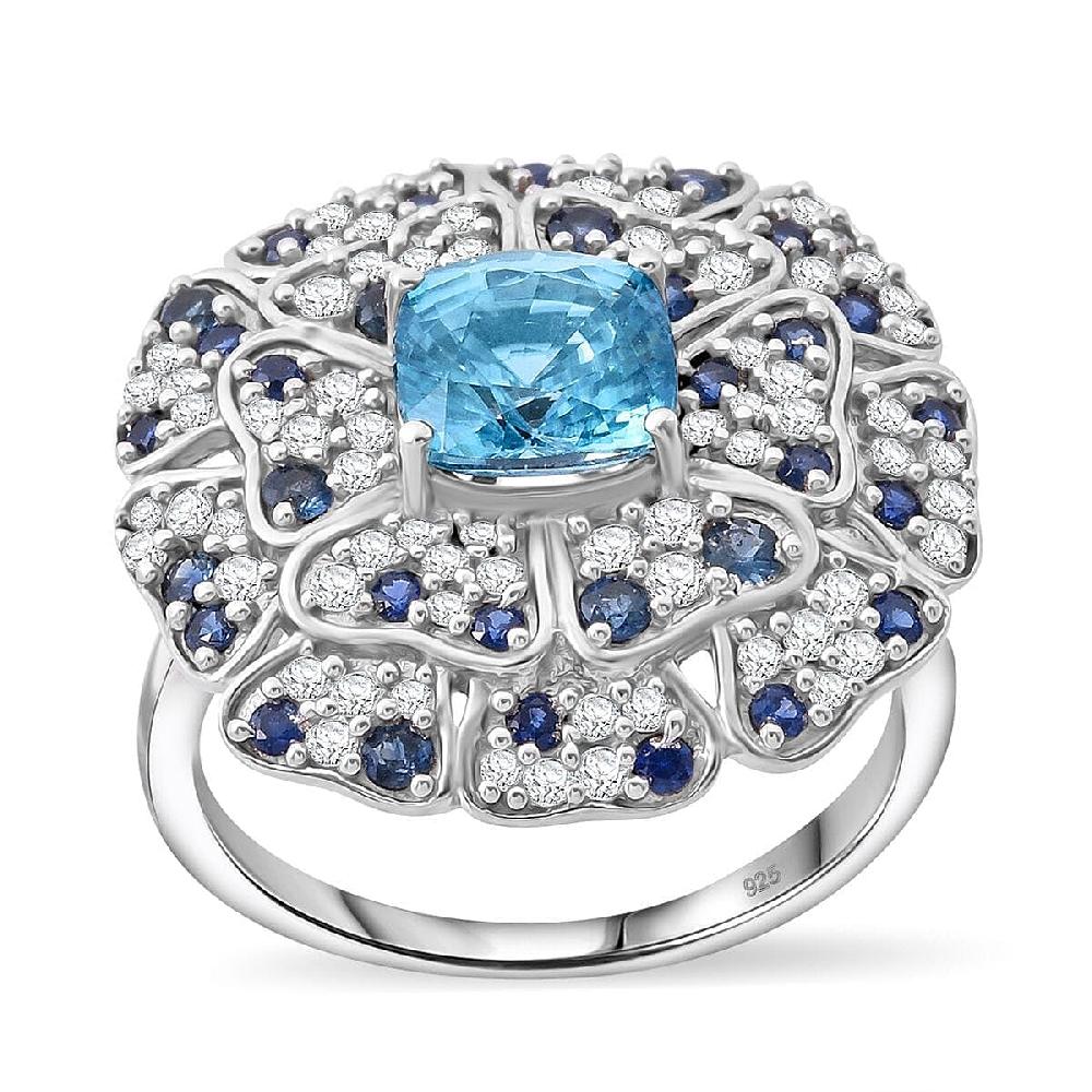 Premium Cambodian Blue Zircon and Multi Gemstone 4.10 ctw Ring in Rhodium Over Sterling Silver