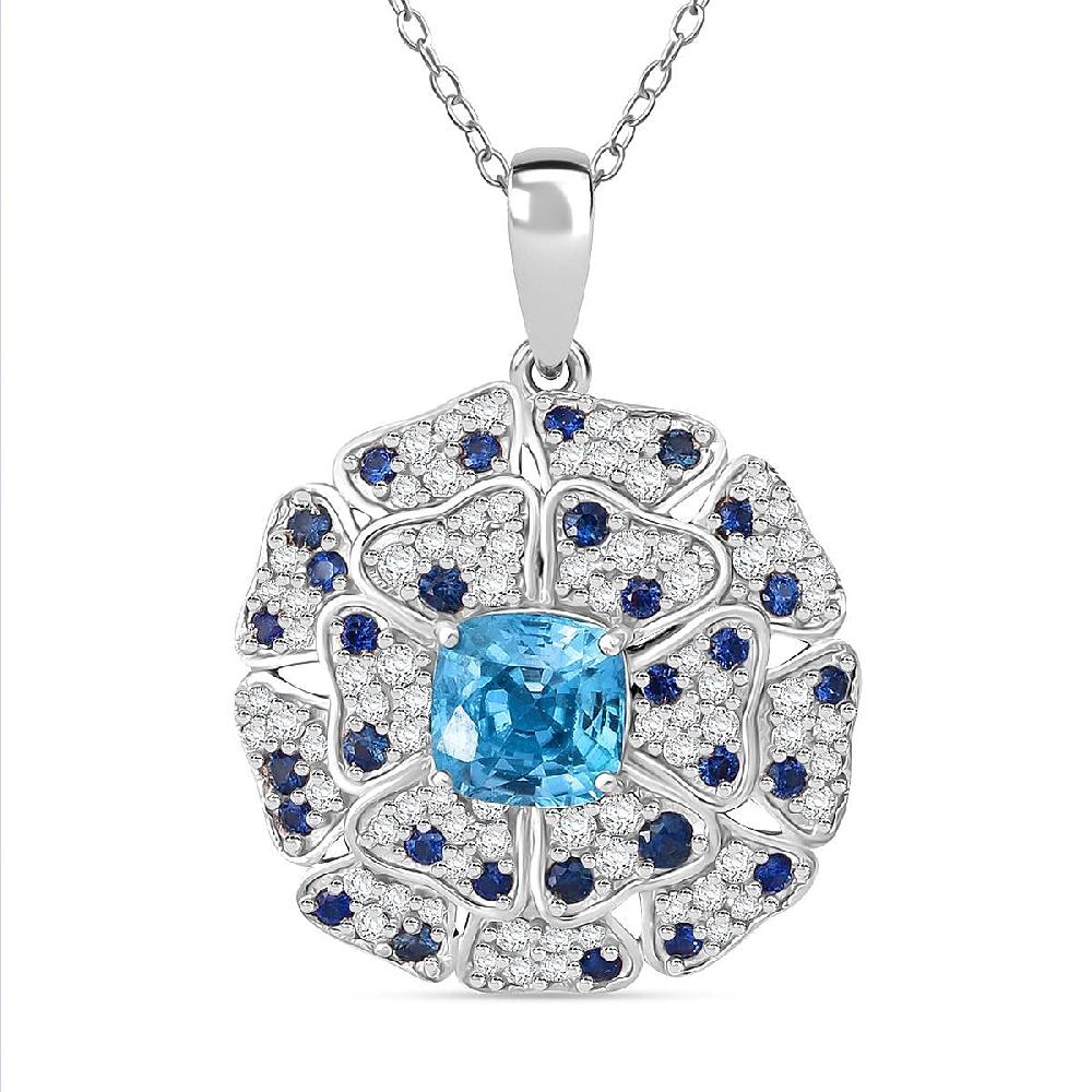 Premium Cambodian Blue Zircon and Multi Gemstone 4.15 ctw Floral Pendant Necklace in Rhodium Over Sterling Silver 20 Inches