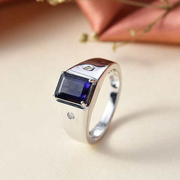 Premium Catalina Iolite And Luxuriant Lab Grown Diamond G-H SI 2.00 Ctw Men's Ring In Rhodium Over Sterling Silver