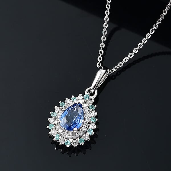 Premium Ceylon Blue Sapphire AAA Paraiba Tourmaline And Diamond 1.17 Ctw Pendant Necklace In Rhodium Over Sterling Silver 20 Inches