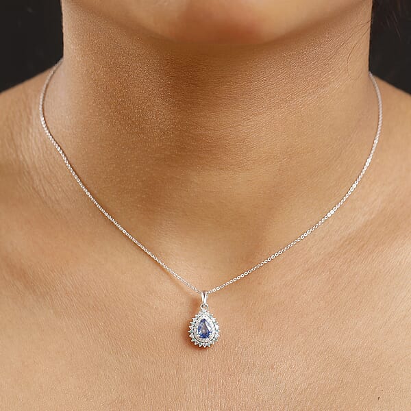 Premium Ceylon Blue Sapphire AAA Paraiba Tourmaline And Diamond 1.17 Ctw Pendant Necklace In Rhodium Over Sterling Silver 20 Inches