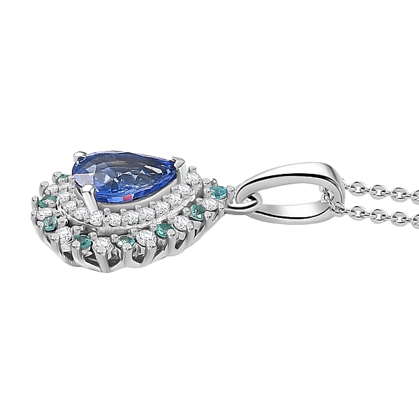 Premium Ceylon Blue Sapphire AAA Paraiba Tourmaline And Diamond 1.17 Ctw Pendant Necklace In Rhodium Over Sterling Silver 20 Inches