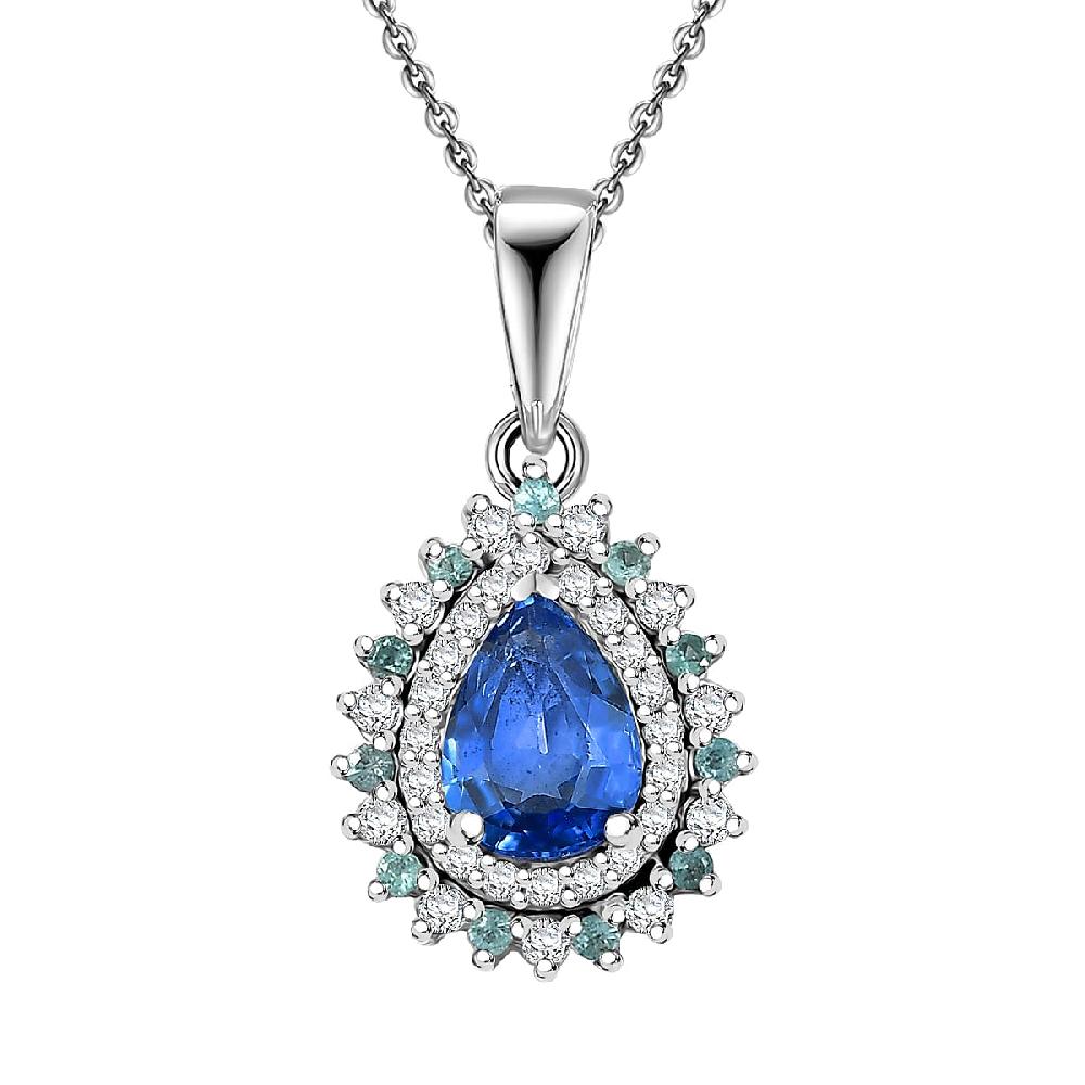 Premium Ceylon Blue Sapphire AAA Paraiba Tourmaline and Diamond 1.17 ctw Pendant Necklace in Rhodium Over Sterling Silver 20 Inches