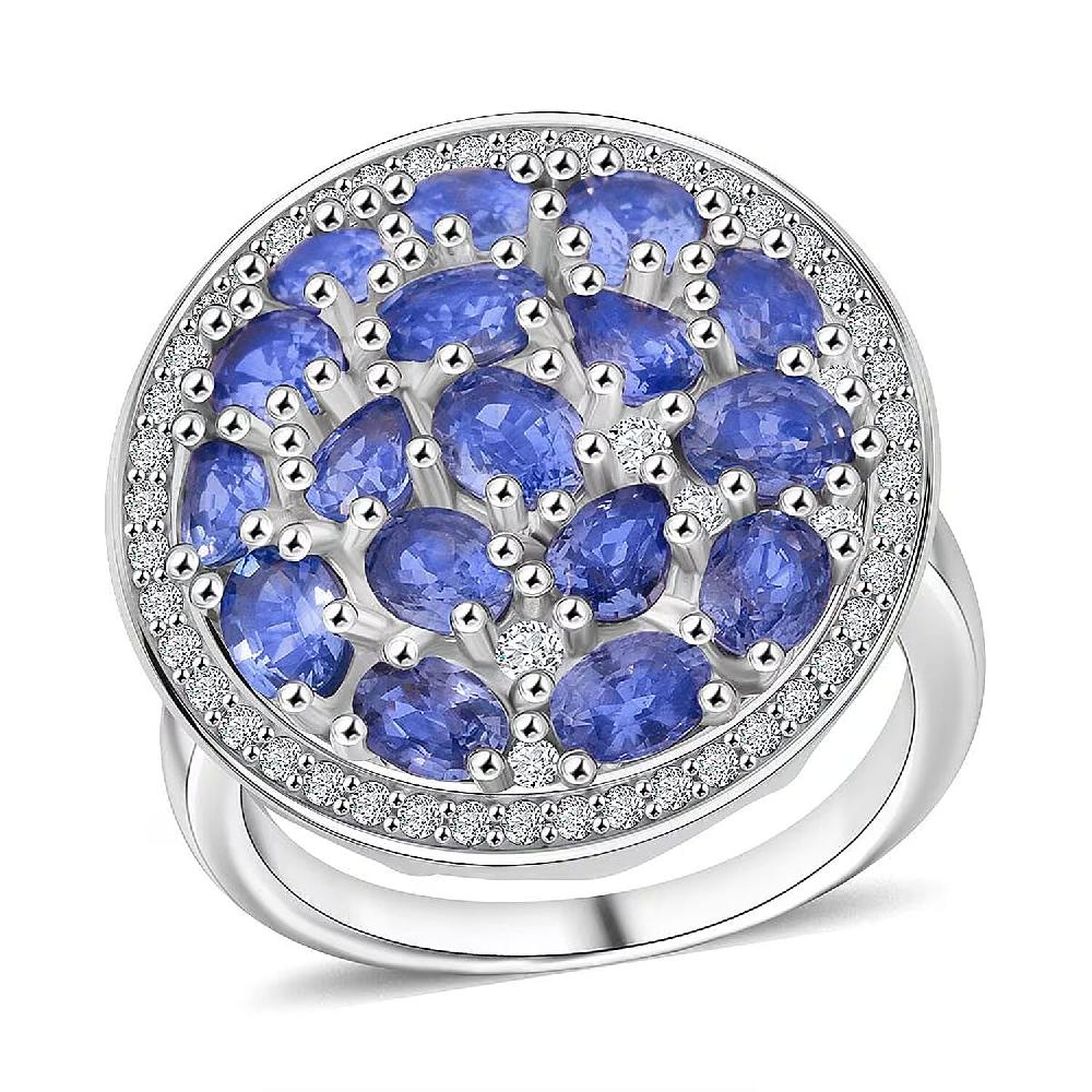 Premium Ceylon Blue Sapphire and Moissanite 4.50 ctw Royal Tides Ring in Rhodium Over Sterling Silver