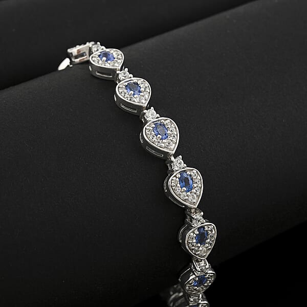 Premium Ceylon Blue Sapphire And White Zircon 7.25 Ctw Tears Of The Ocean Bracelet In Rhodium Over Sterling Silver (6.50 In)
