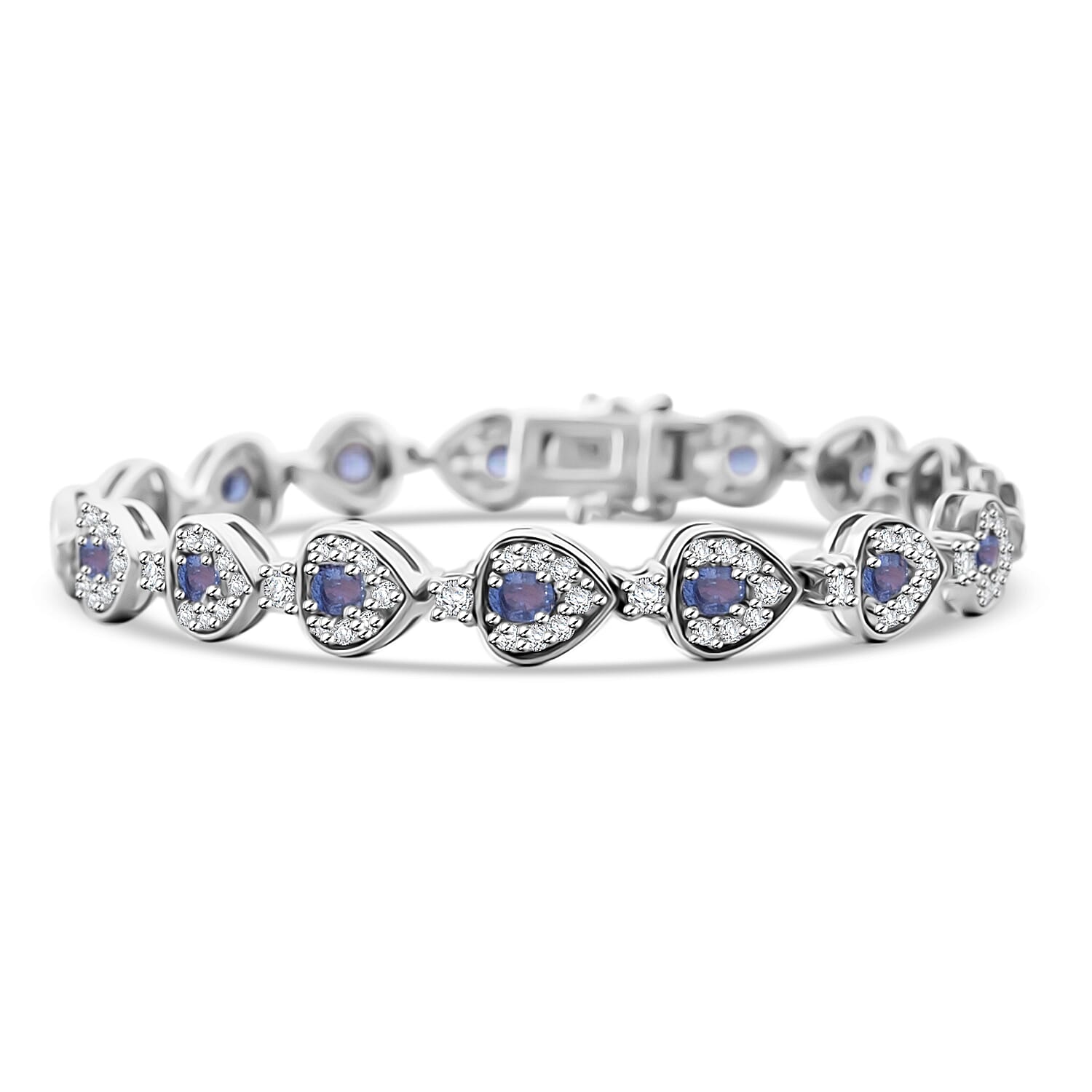 Premium Ceylon Blue Sapphire and White Zircon 7.25 ctw Tears of the Ocean Bracelet in Rhodium Over Sterling Silver (6.50 In)